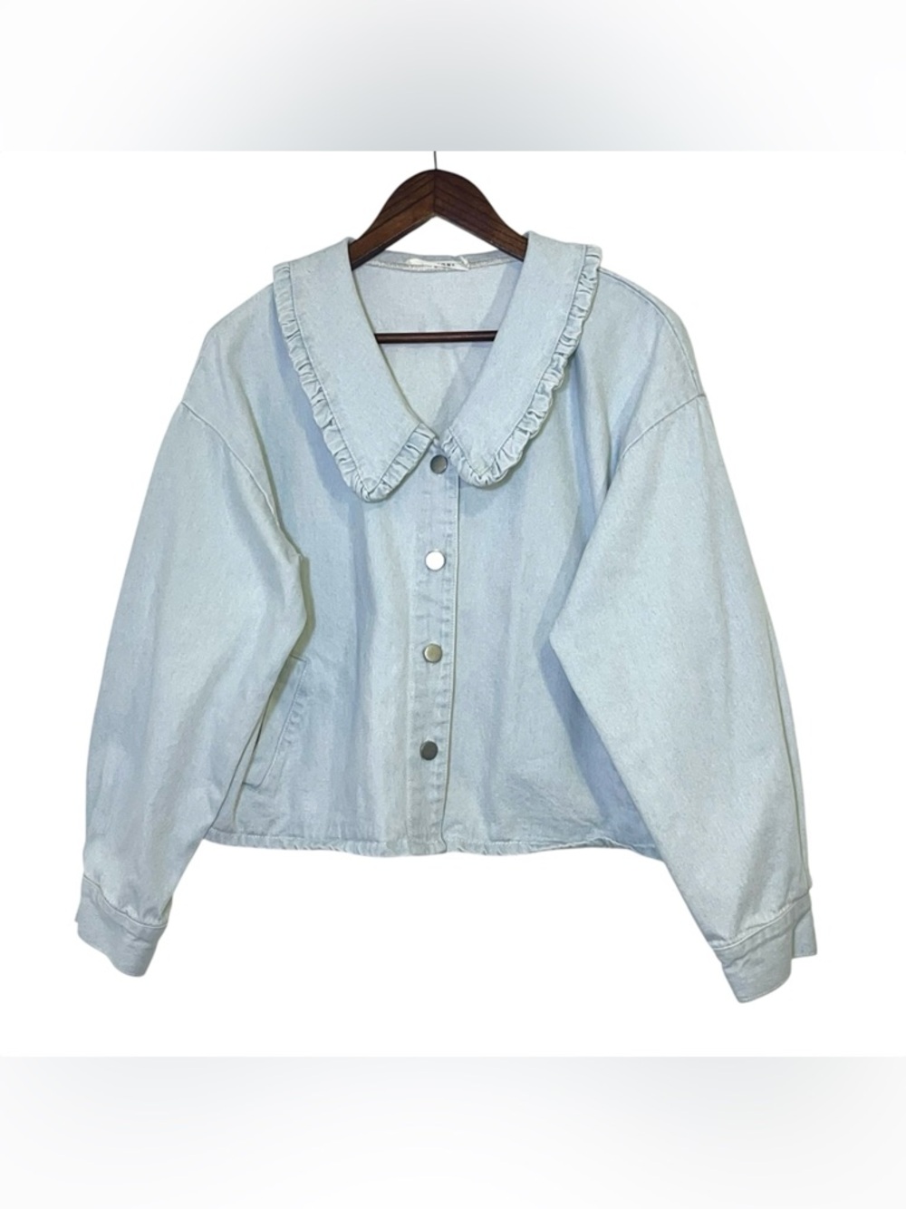 Ellison Ruffled Collar Denim Jacket Light Wash Peter Pan Ruffle Oversized Large